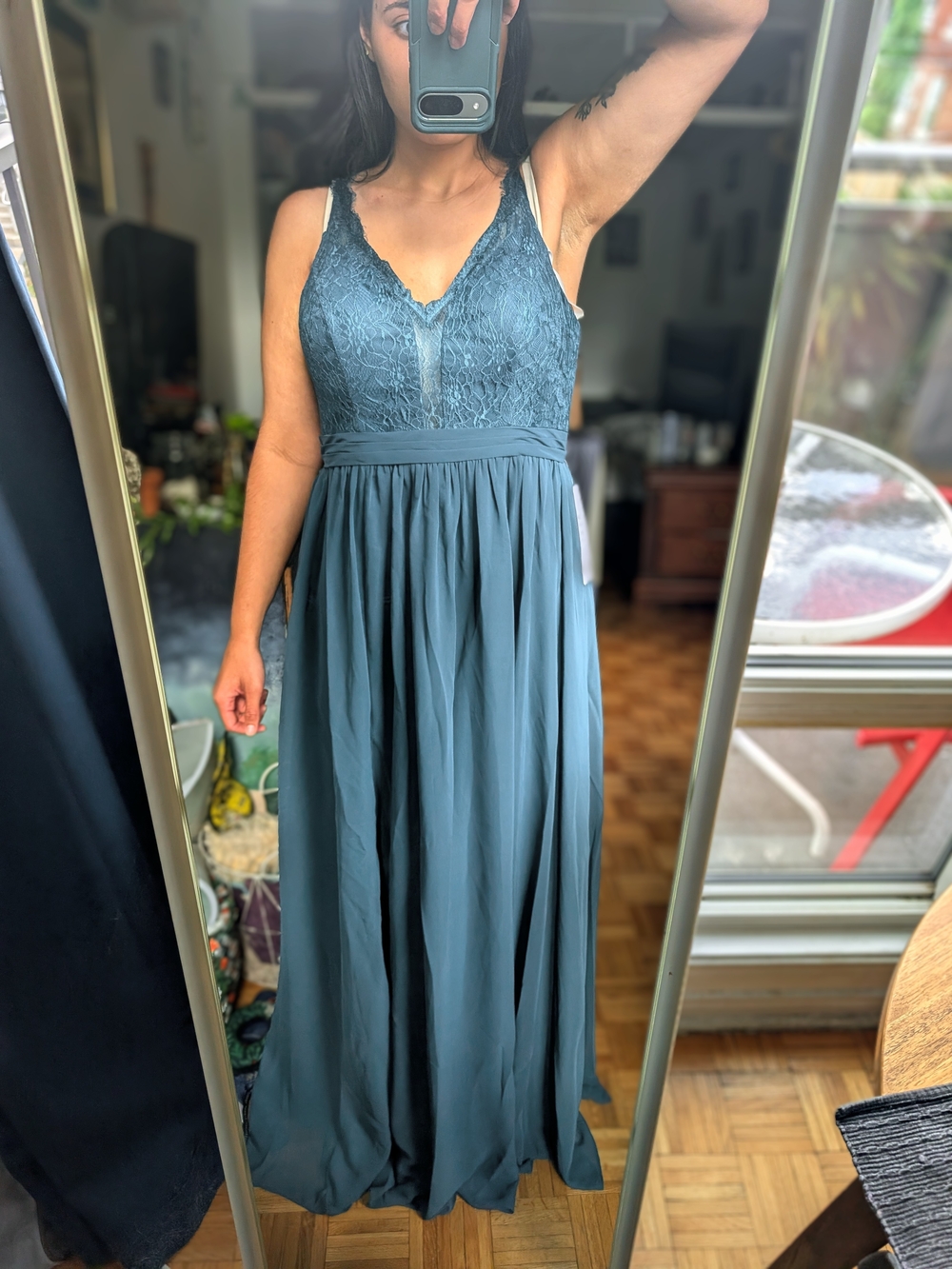 Azazie Teal Lace Bodice Maxi Dress